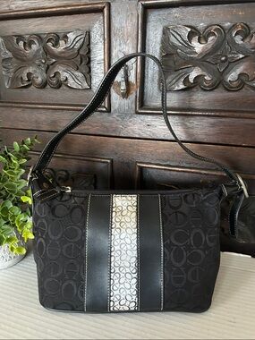 Black Signature Jacquard Shoulder Bag with Cream Center Stripe